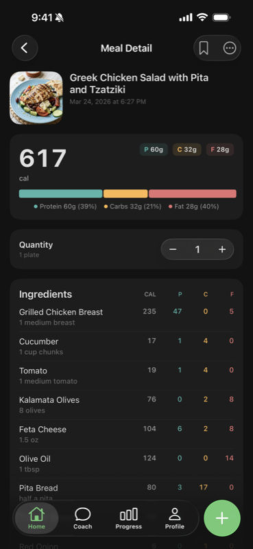SnapNutrition meal detail view showing AI-analyzed nutrition breakdown