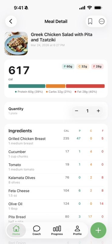 SnapNutrition meal detail view showing AI-analyzed nutrition breakdown