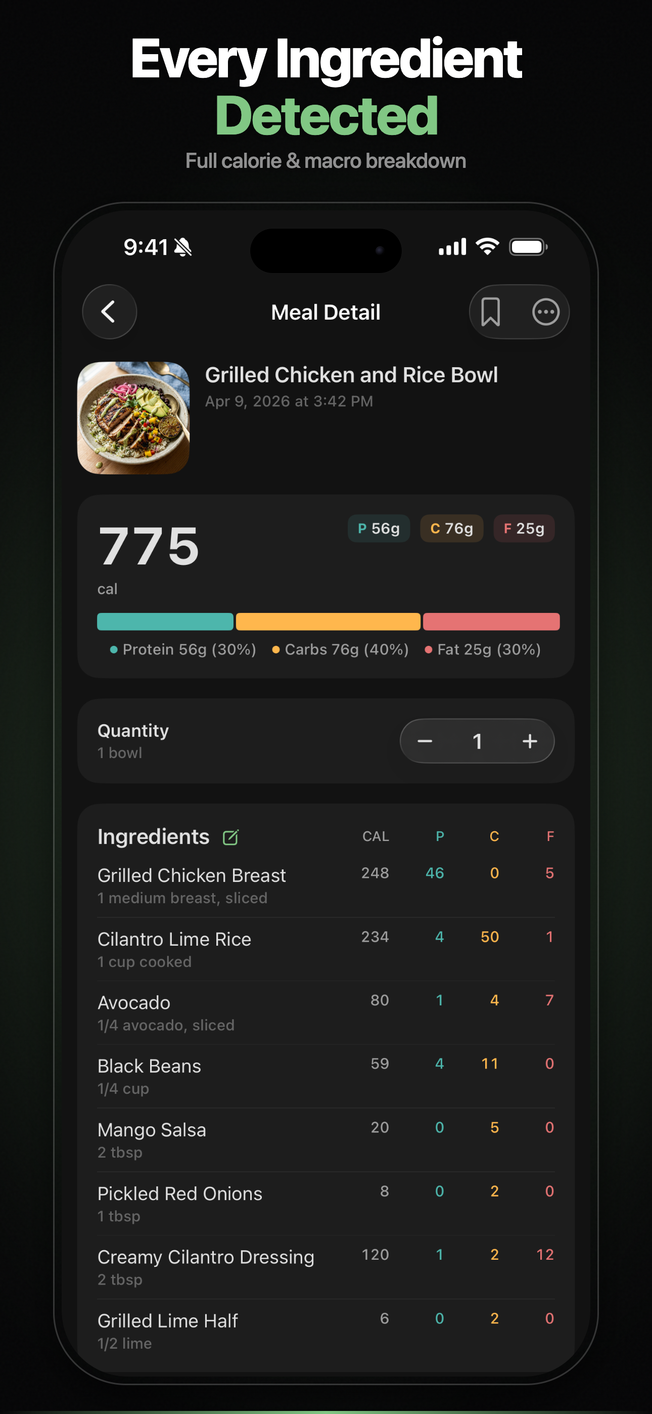 Every Ingredient Detected — full calorie and macro breakdown