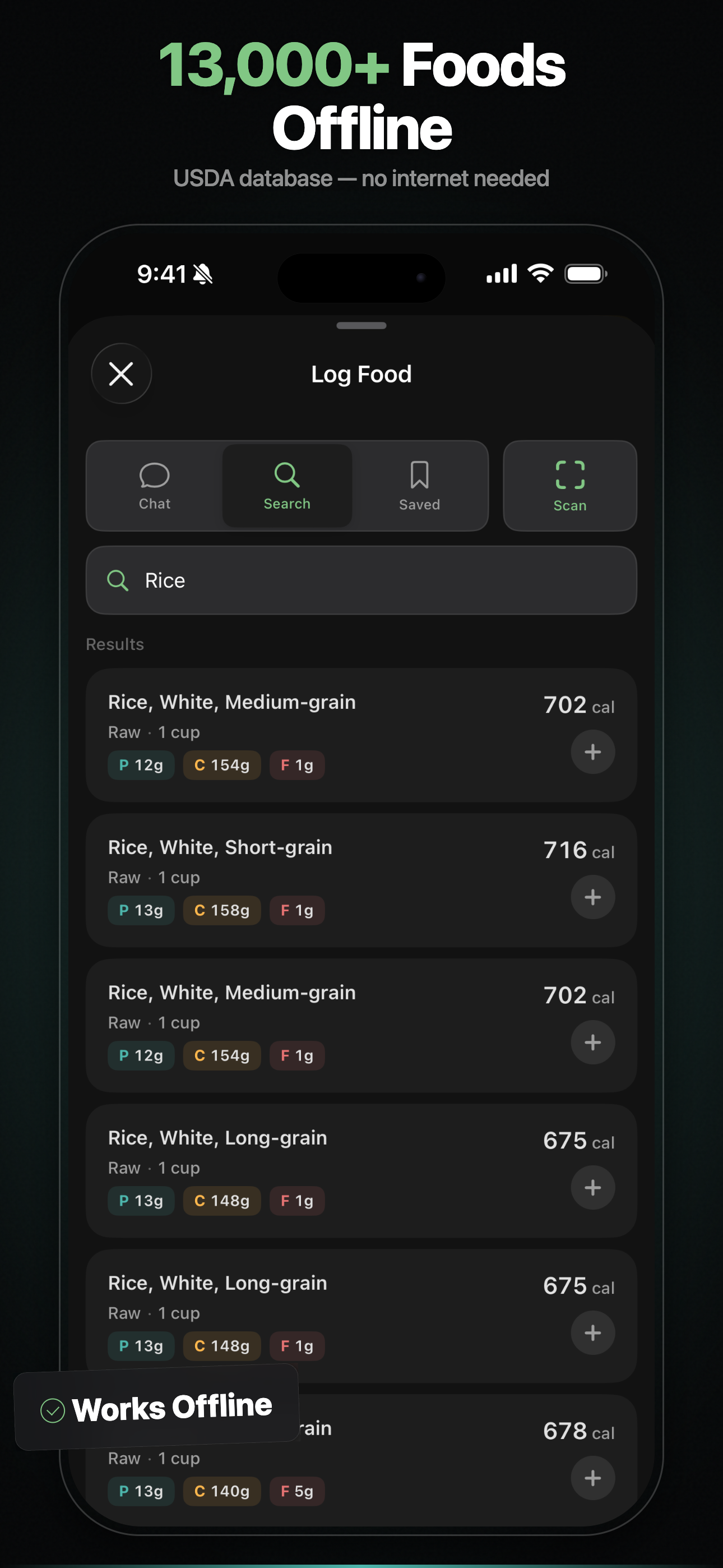 13,000+ Foods Offline — USDA database with no internet needed