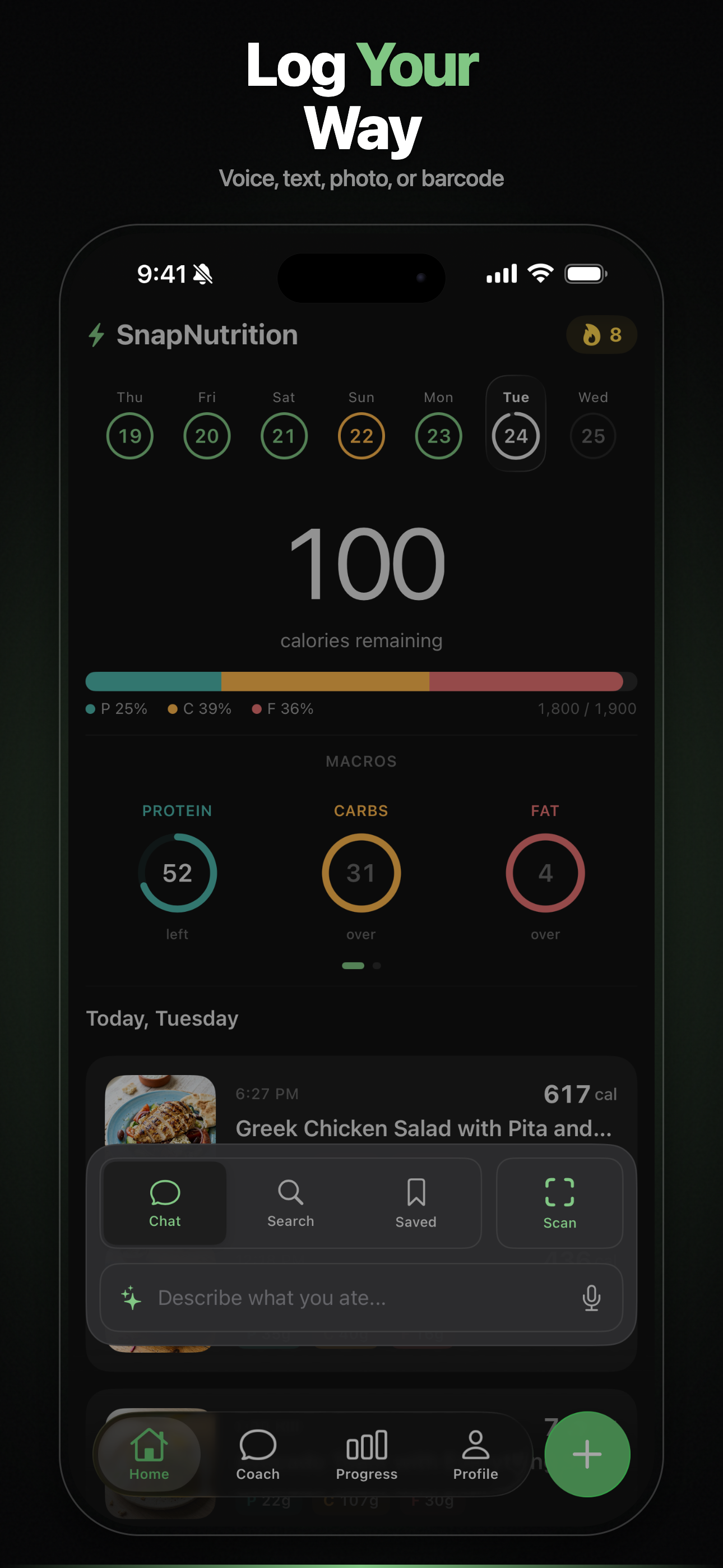 Log Your Way — voice, text, photo, or barcode