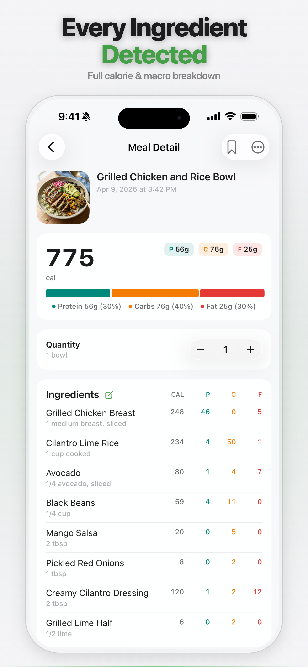 Every Ingredient Detected — full calorie and macro breakdown