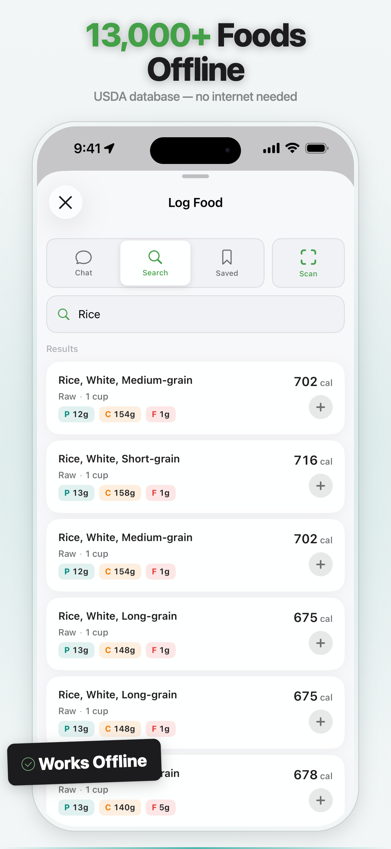 13,000+ Foods Offline — USDA database with no internet needed