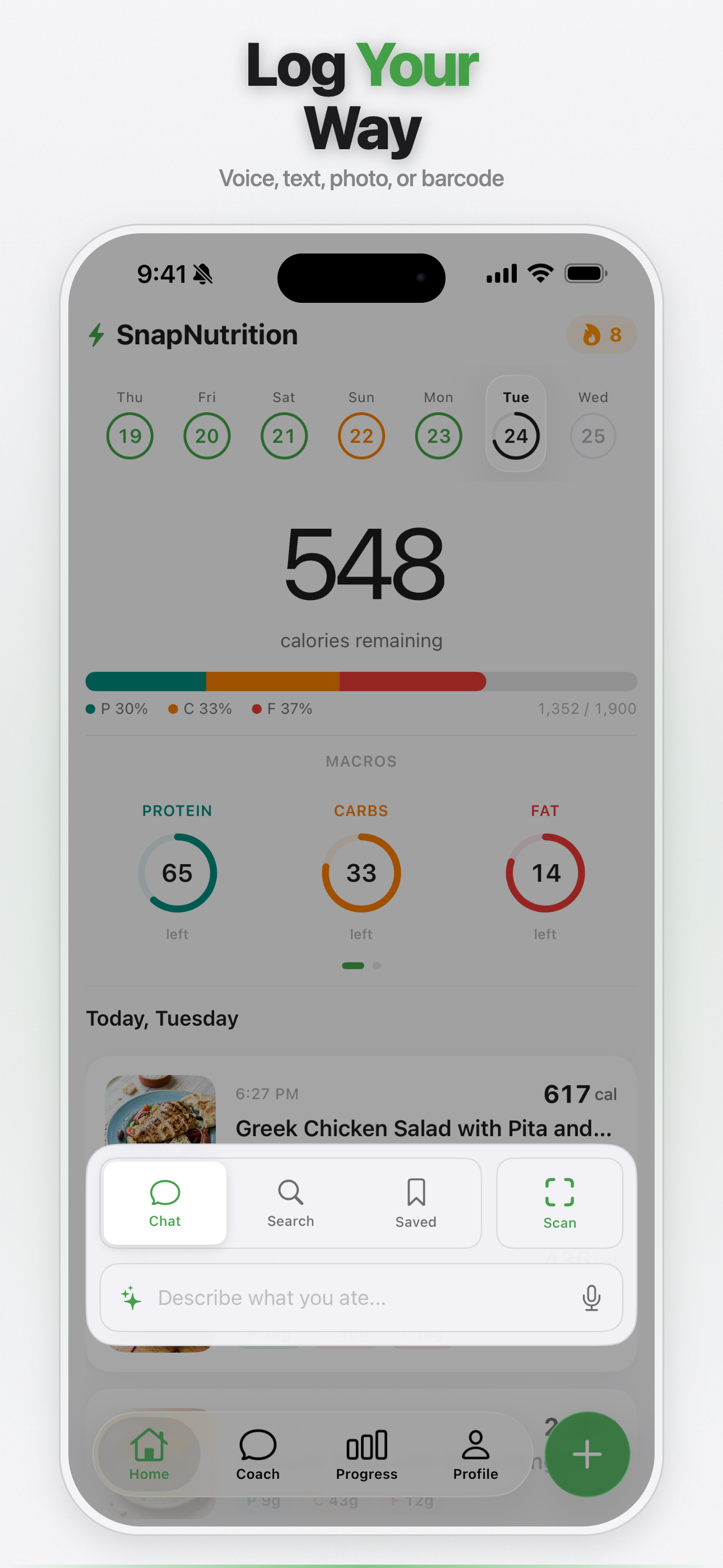 Log Your Way — voice, text, photo, or barcode